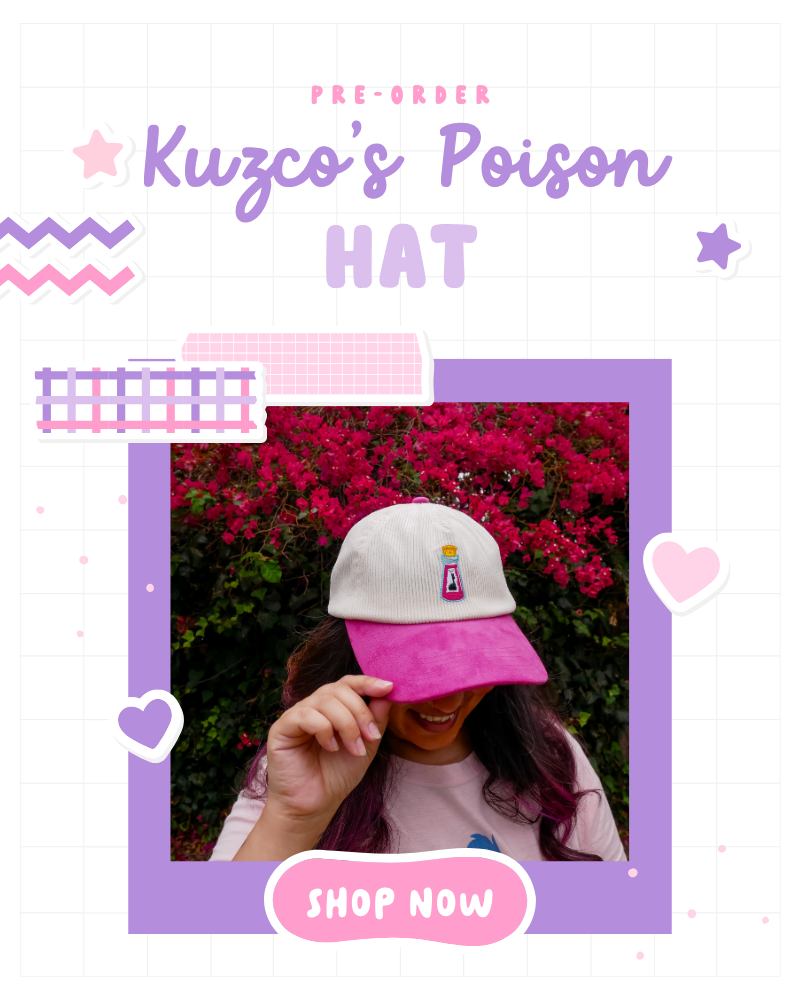 Promotional graphic for a pre-order Kuzco's Poison Hat, featuring a photo of a person wearing a white cap with a bright pink brim and a small purple bottle graphic on the front, set against a background of pink flowers. The graphic has a purple border, 'PRE-ORDER Kuzco's Poison HAT' text, and a 'SHOP NOW' button.